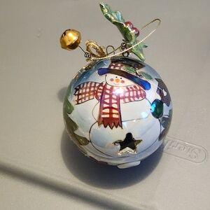 TWO Festive Bluesky Ceramic Snowman Santa TREE Ornaments with Cutout Accents